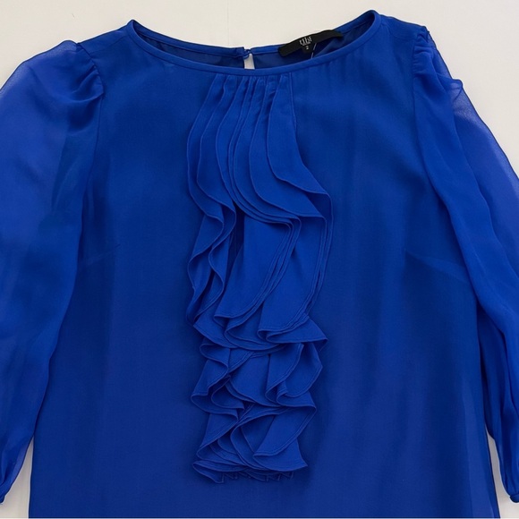 Tibi 100%Silk Ruffle Shift Long Sleeve Mini Short Dress, Royal Blue, Size 2 - Picture 8 of 13